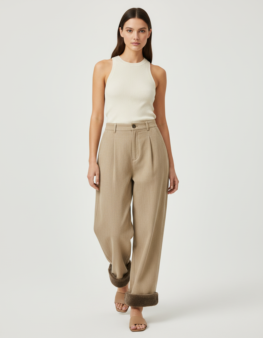 Pantalon Baggy Beige Laine Plissé Ample Décontracté Chaud - Camel