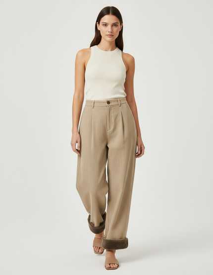 Pantalon Baggy Beige Laine Plissé Ample Décontracté Chaud - Camel