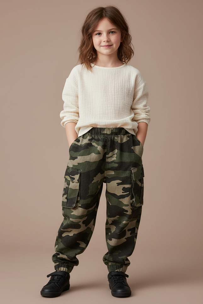 Pantalon Baggy Camouflage Cargo Ample Enfant Coton - Imprimé Toile