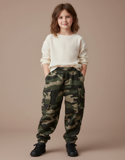 Pantalon Baggy Camouflage Cargo Ample Enfant Coton - Imprimé Toile