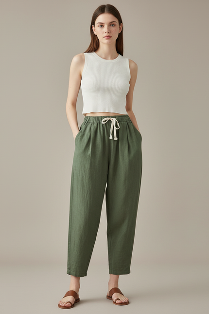 Pantalon Baggy Vert Kaki Lin Ample Cordon Décontracté