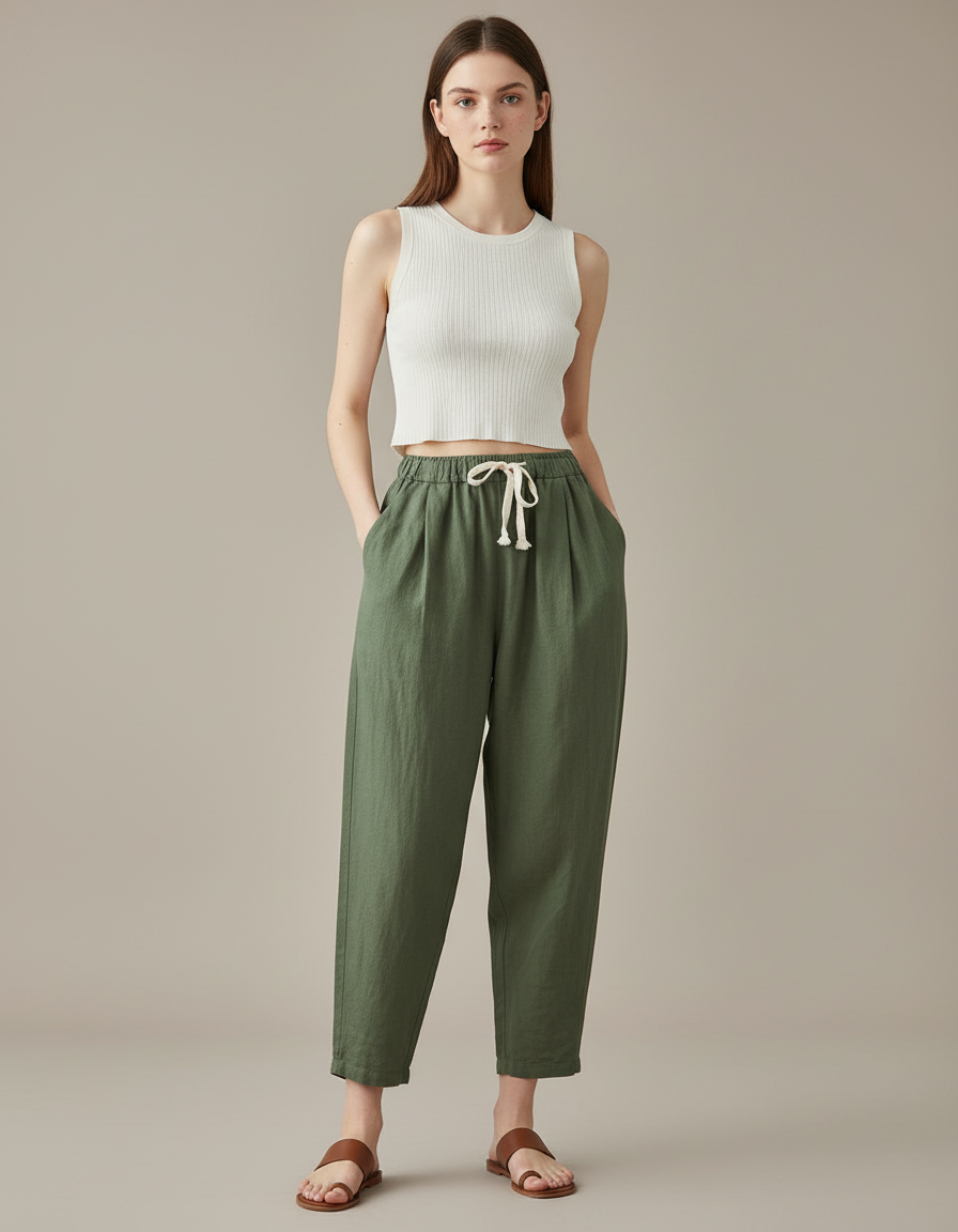 Pantalon Baggy Vert Kaki Lin Ample Cordon Décontracté