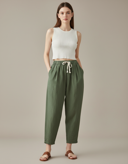 Pantalon Baggy Vert Kaki Lin Ample Cordon Décontracté