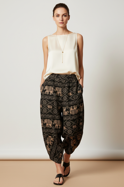 Pantalon Baggy Éléphants Imprimé Ethnique Ample Noir Fluide - Viscose