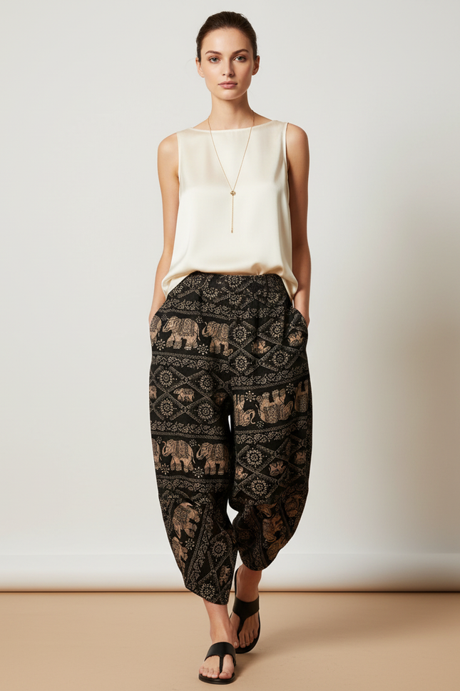 Pantalon Baggy Éléphants Imprimé Ethnique Ample Noir Fluide - Viscose