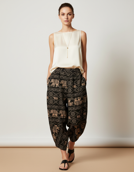 Pantalon Baggy Éléphants Imprimé Ethnique Ample Noir Fluide - Viscose
