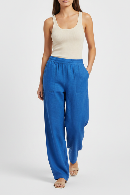 Pantalon Baggy Bleu Roi Lin Fluide Ample Décontracté