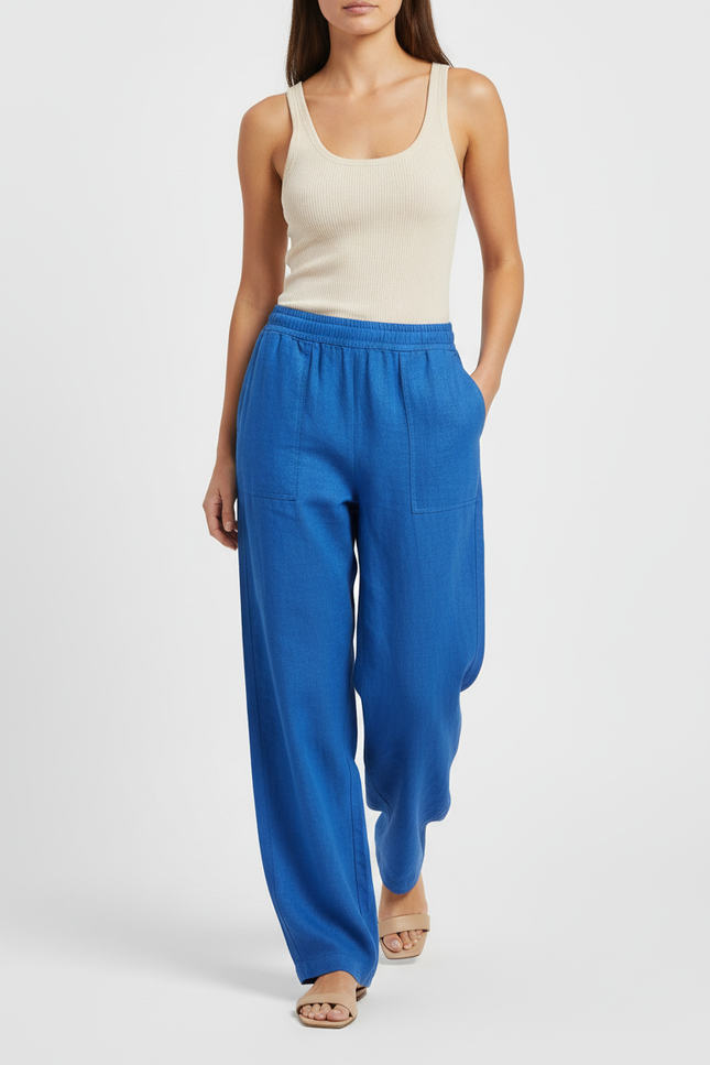 Pantalon Baggy Bleu Roi Lin Fluide Ample Décontracté