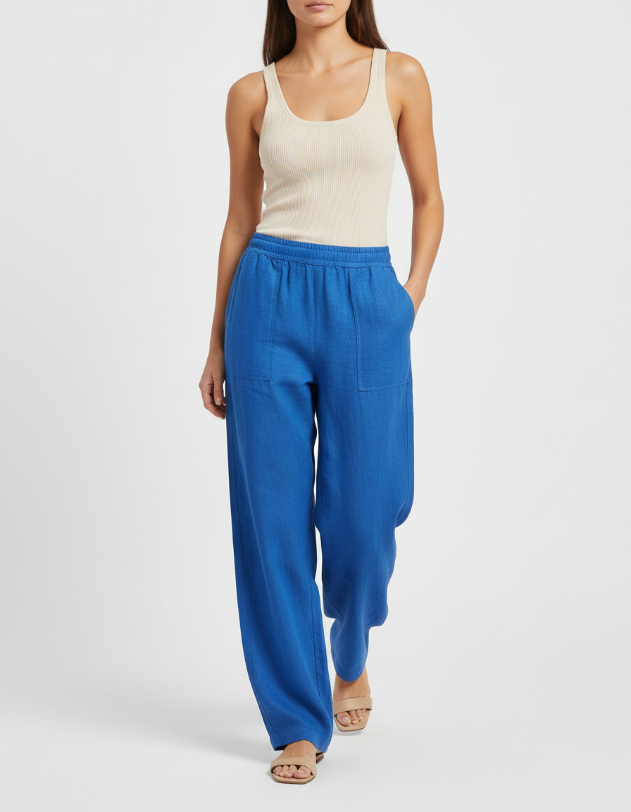 Pantalon Baggy Bleu Roi Lin Fluide Ample Décontracté