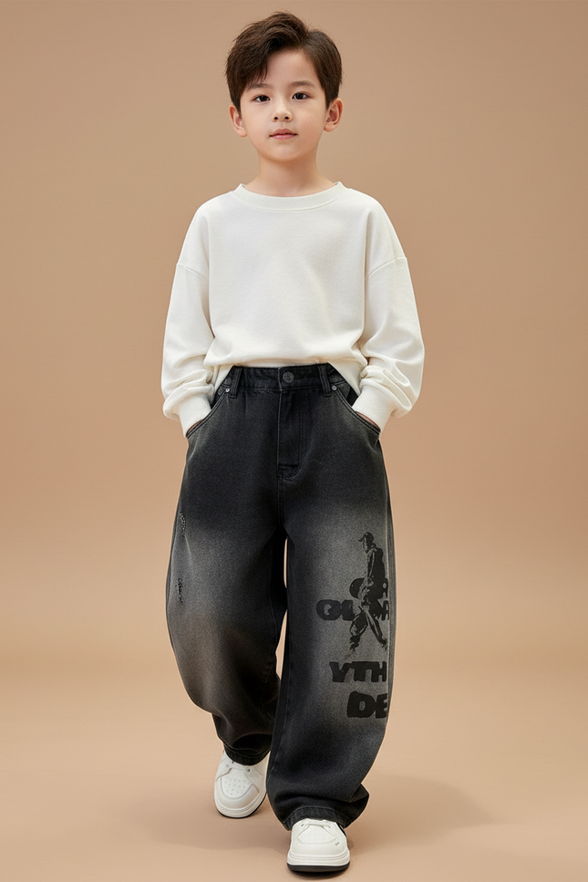 Pantalon Baggy Denim Noir Dégradé Ample Streetwear Enfant - Jean