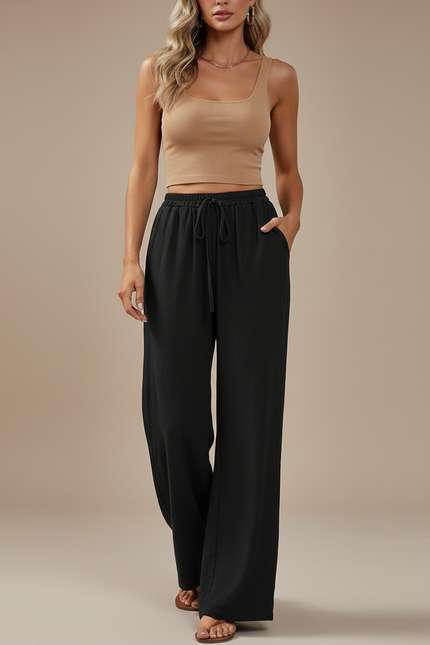 Pantalon Baggy Noir Fluide Cordon Décontracté Femme - Viscose