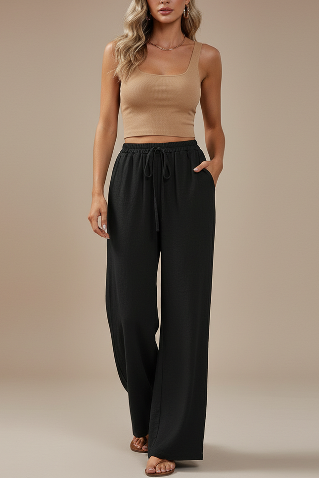 Pantalon Baggy Noir Fluide Cordon Décontracté Femme - Viscose