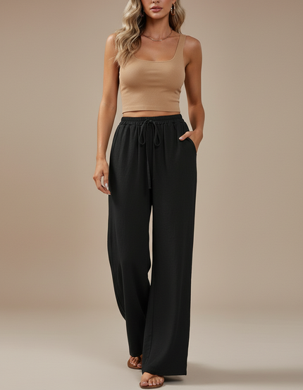 Pantalon Baggy Noir Fluide Cordon Décontracté Femme - Viscose