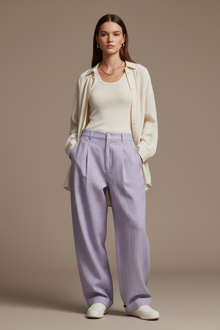 Pantalon Baggy Lavande Ample Plissé Décontracté - Violet Lin