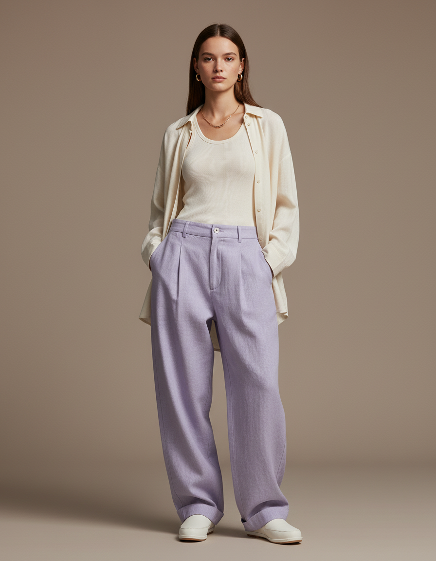 Pantalon Baggy Lavande Ample Plissé Décontracté - Violet Lin