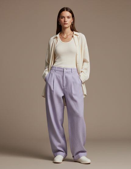 Pantalon Baggy Lavande Ample Plissé Décontracté - Violet Lin