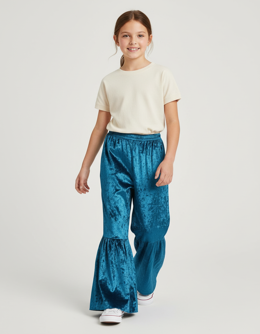 Pantalon Baggy Velours Bleu Évasé Enfant Brillant