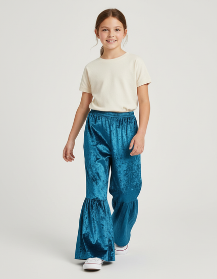 Pantalon Baggy Velours Bleu Évasé Enfant Brillant