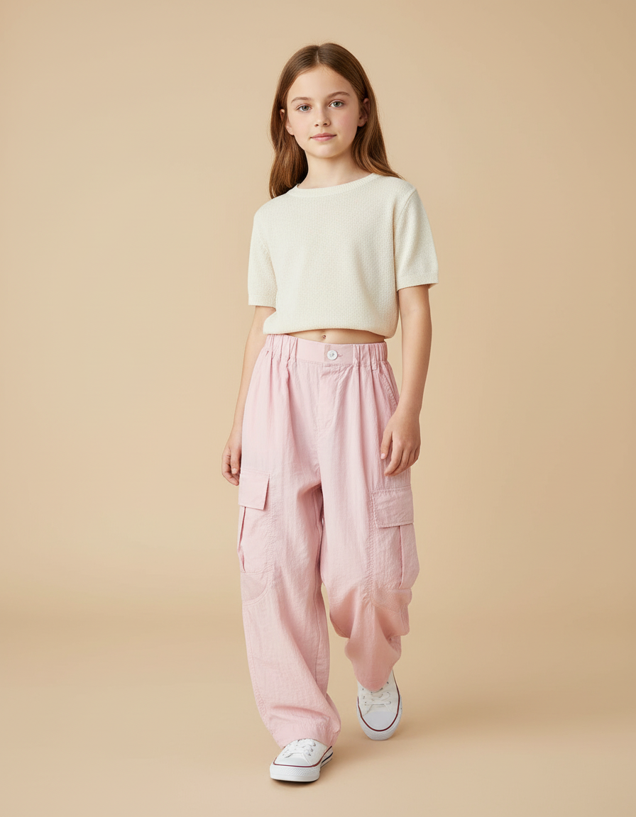 Pantalon Baggy Rose Cargo Décontracté Fille Coton