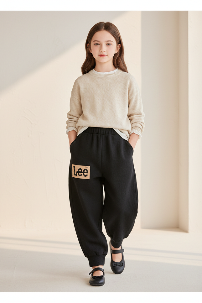 Pantalon Baggy Noir Ample Molletonné Élastique Logo Enfant