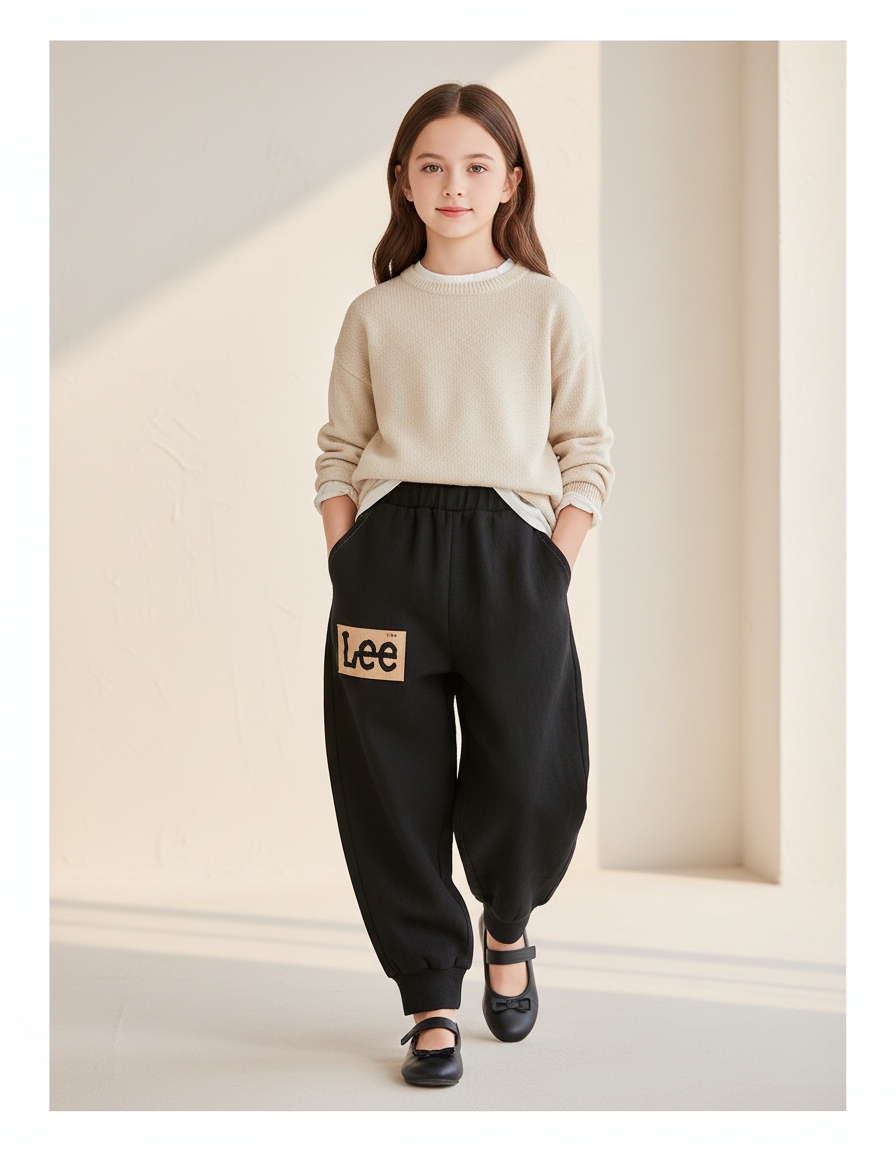 Pantalon Baggy Noir Ample Molletonné Élastique Logo Enfant