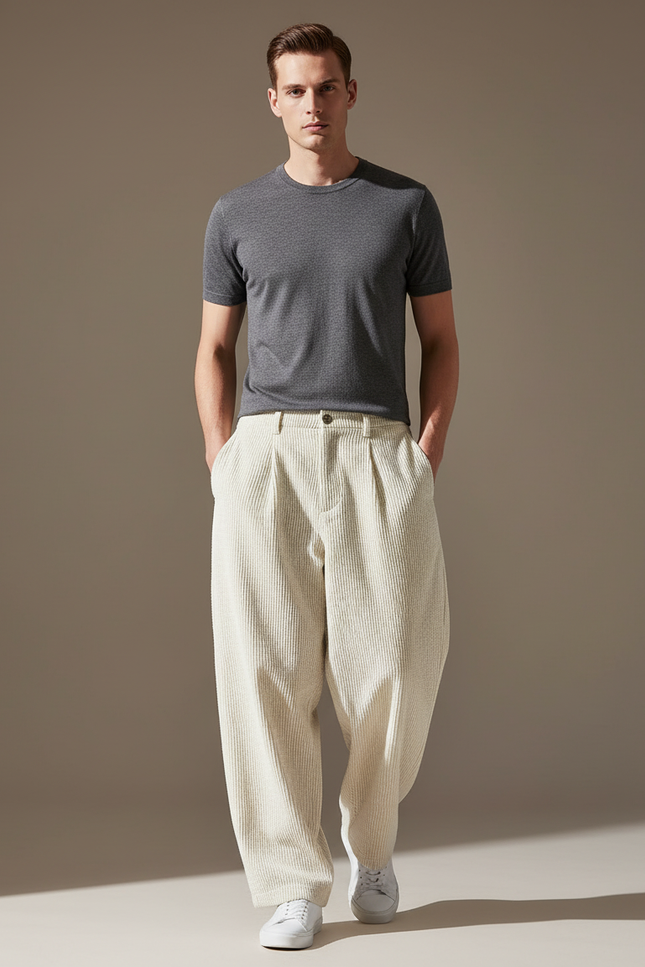 Pantalon Baggy Côtelé Crème Ample Décontracté Homme - Beige Cordé