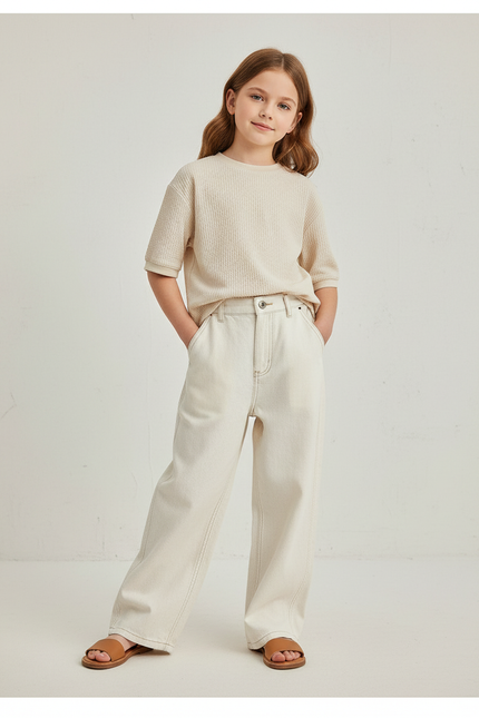 Pantalon Baggy Beige Denim Ample Décontracté Fille - Jean