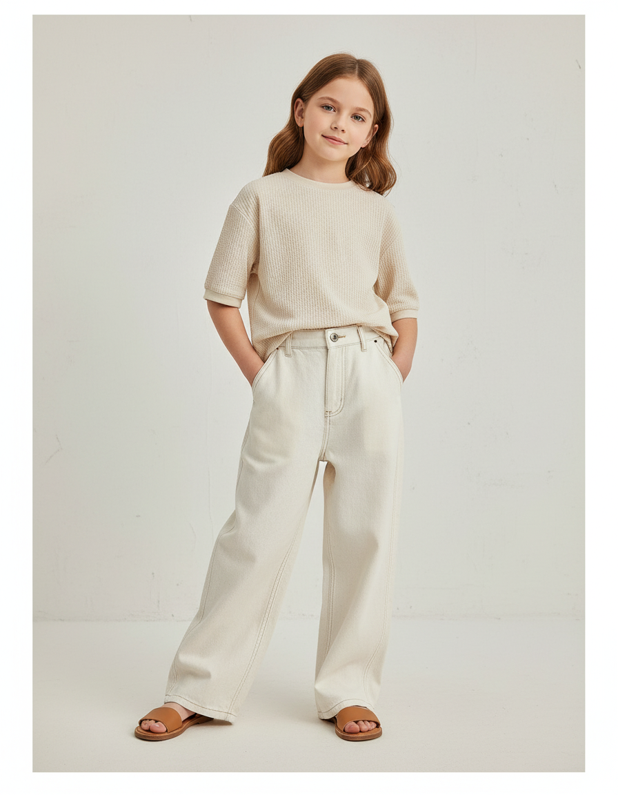 Pantalon Baggy Beige Denim Ample Décontracté Fille - Jean