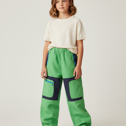 Pantalon Baggy Vert Cargo Patchwork Enfant - Toile