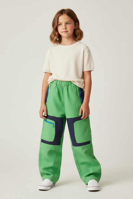 Pantalon Baggy Vert Cargo Patchwork Enfant - Toile