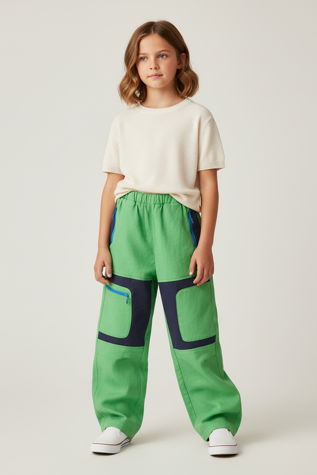 Pantalon Baggy Vert Cargo Patchwork Enfant - Toile