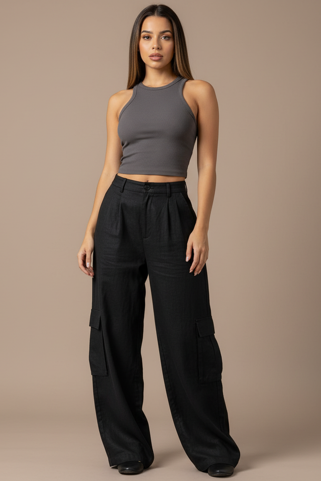 Pantalon Baggy Noir Cargo Ample Fluide Femme - Lin