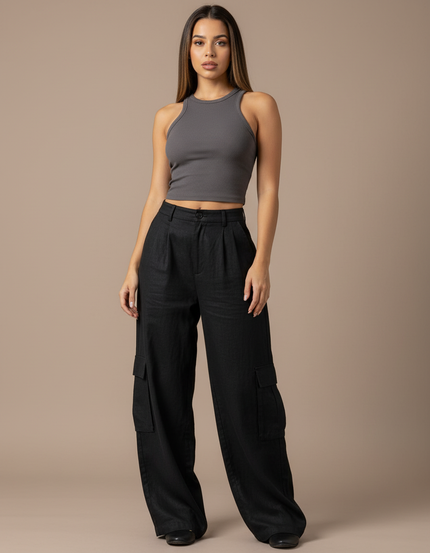 Pantalon Baggy Noir Cargo Ample Fluide Femme - Lin