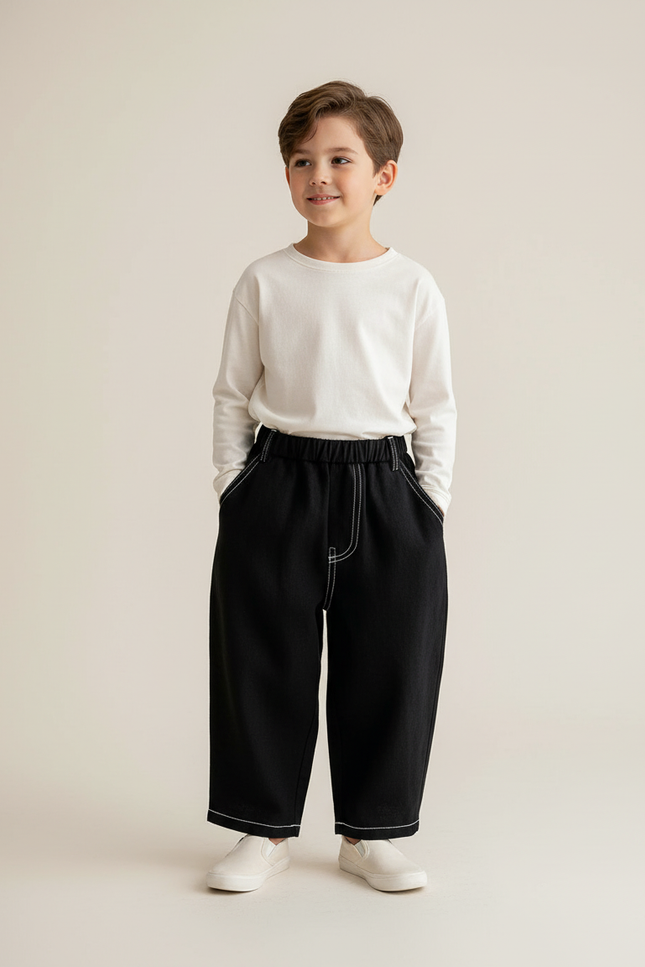 Pantalon Baggy Noir Ample Surpiqûres Blanches Décontracté - Toile