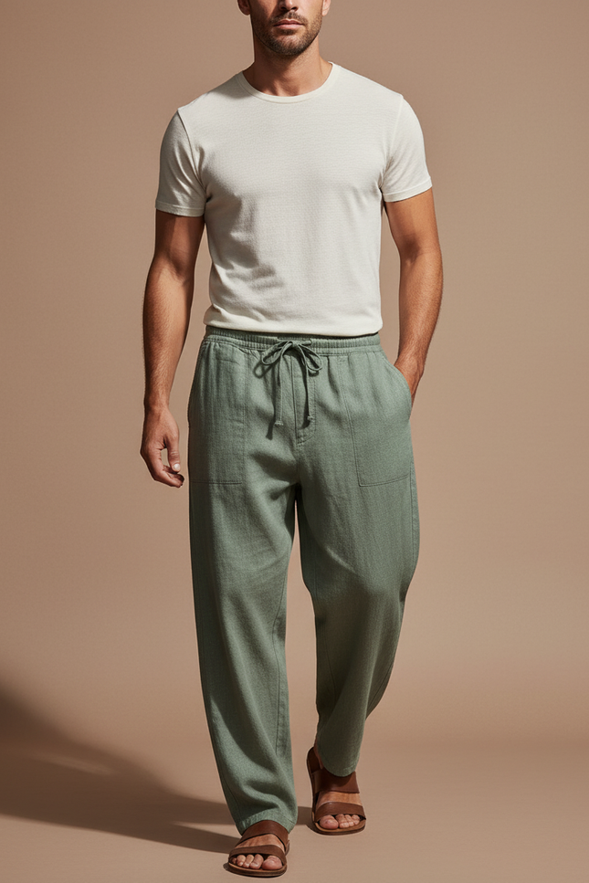 Pantalon Baggy Lin Vert Ample Décontracté Homme