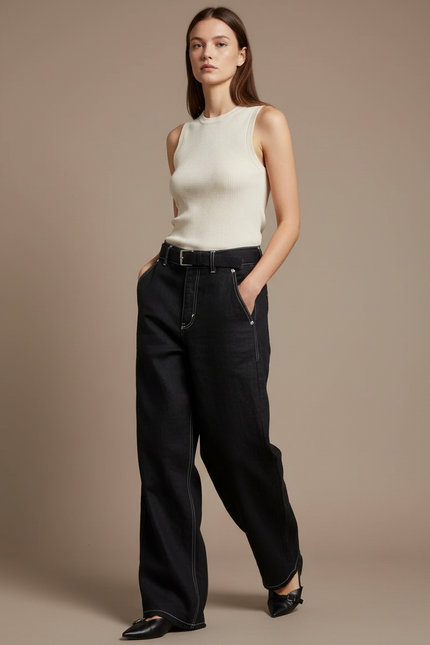 Pantalon Baggy Noir Ample Taille Haute Surpiqûres Femme - Jean