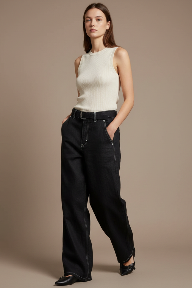 Pantalon Baggy Noir Ample Taille Haute Surpiqûres Femme - Jean