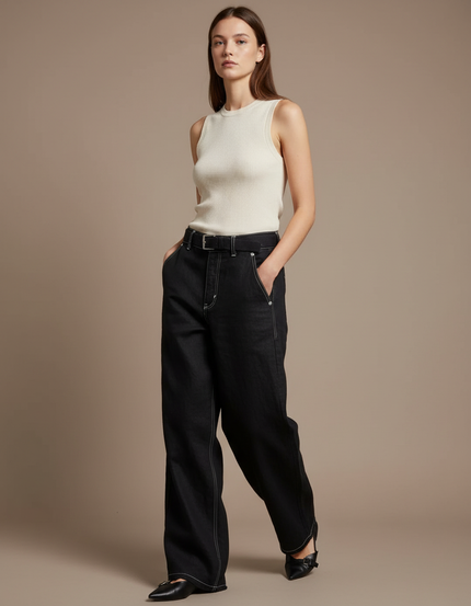 Pantalon Baggy Noir Ample Taille Haute Surpiqûres Femme - Jean