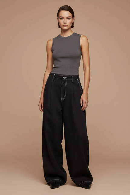Pantalon Baggy Noir Ample Surpiqûres Blanches Décontracté Femme - Jean