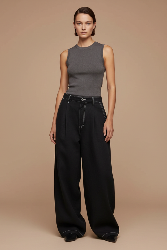 Pantalon Baggy Noir Ample Surpiqûres Blanches Décontracté Femme - Jean