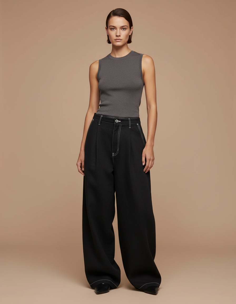 Pantalon Baggy Noir Ample Surpiqûres Blanches Décontracté Femme - Jean