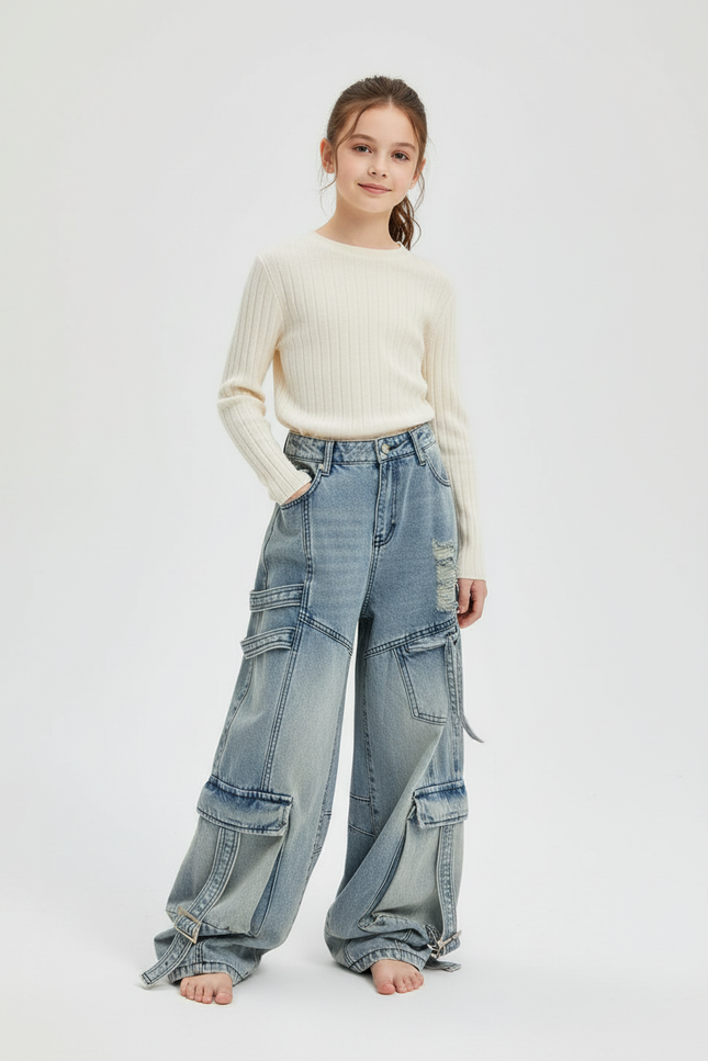 Pantalon Baggy Bleu Jean Cargo Ample Décontracté