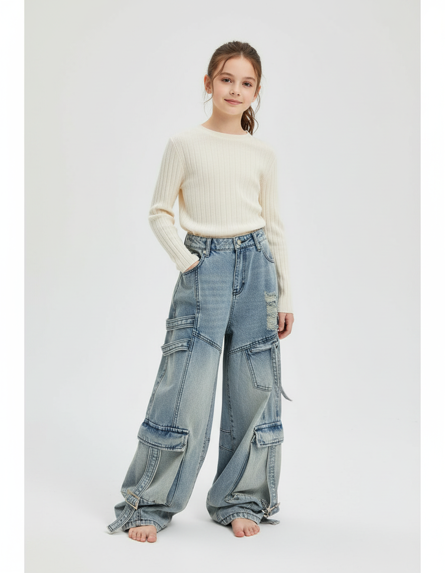 Pantalon Baggy Bleu Jean Cargo Ample Décontracté