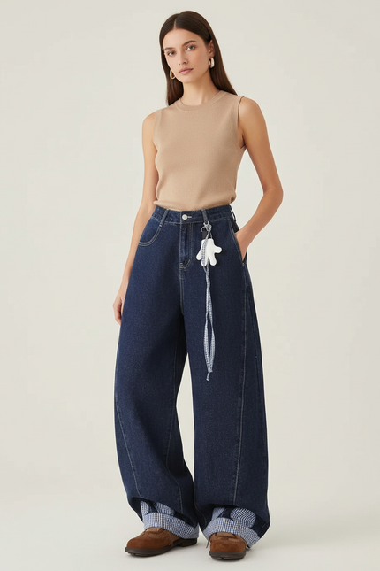 Pantalon Baggy Denim Large Bleu Marine Décontracté - Jean