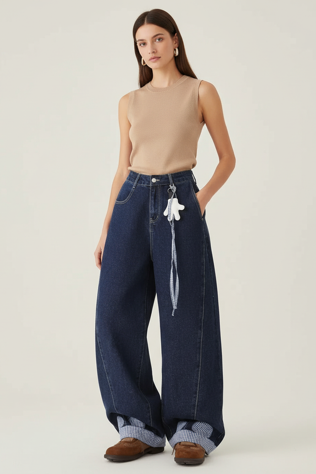 Pantalon Baggy Denim Large Bleu Marine Décontracté - Jean