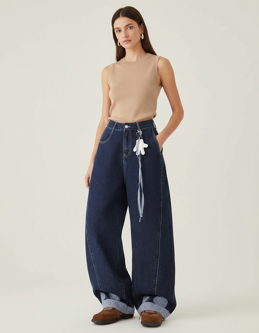 Pantalon Baggy Denim Large Bleu Marine Décontracté - Jean