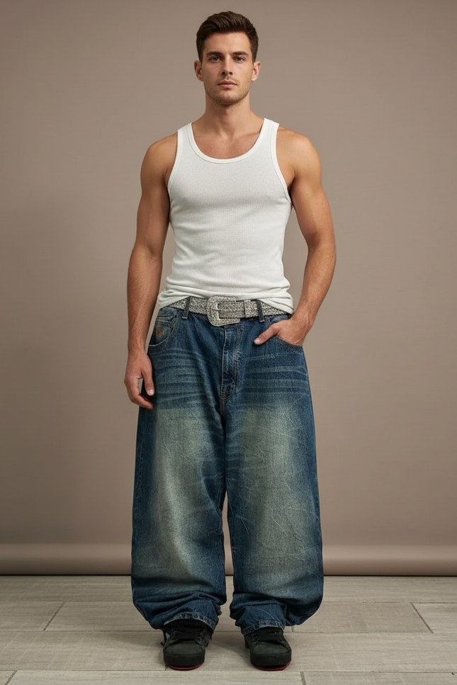 Pantalon Baggy Jean Bleu Ample Délavé Homme