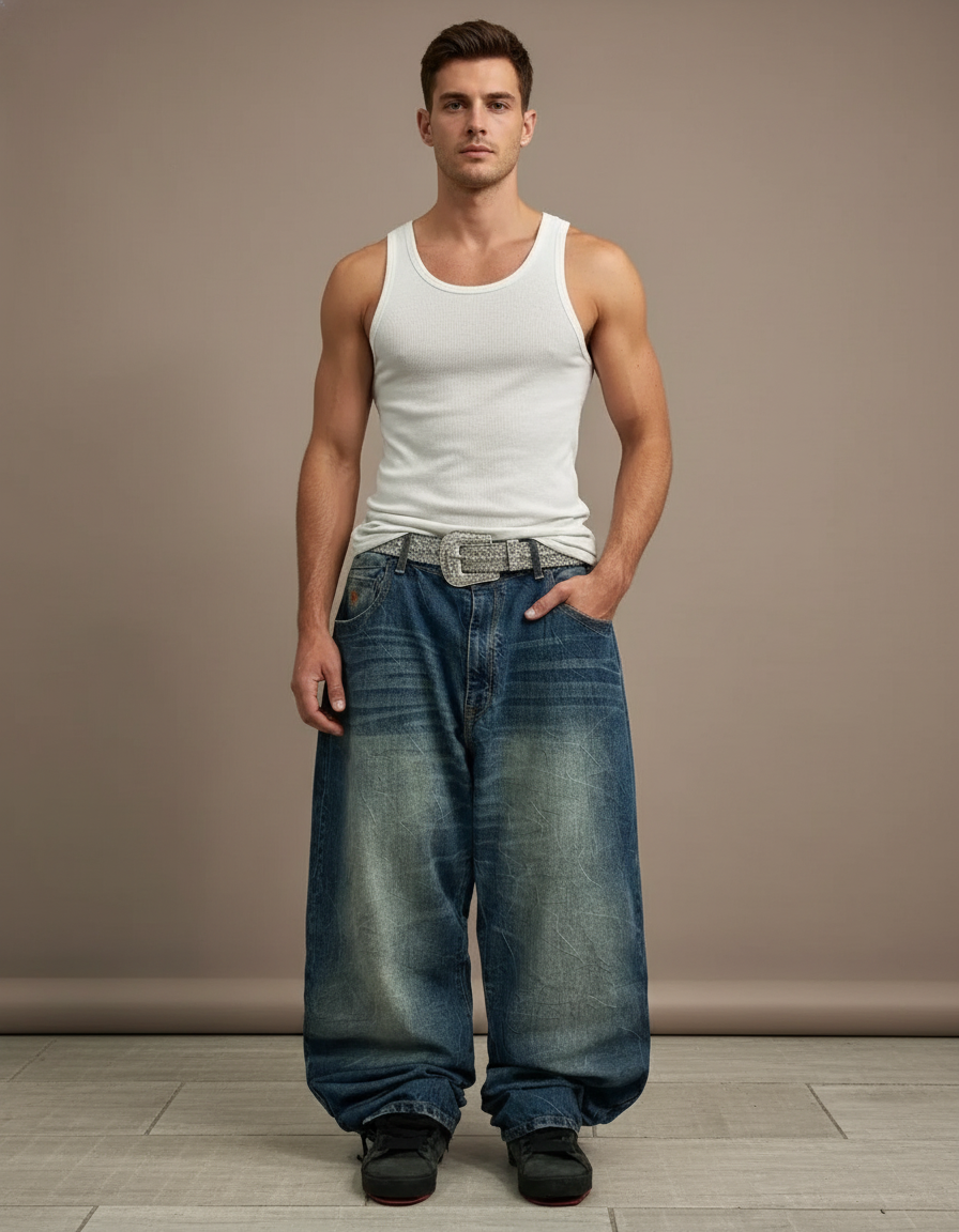 Pantalon Baggy Jean Bleu Ample Délavé Homme