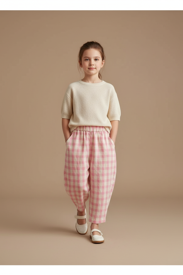 Pantalon Baggy Rose Écru Plaid Ample Coton