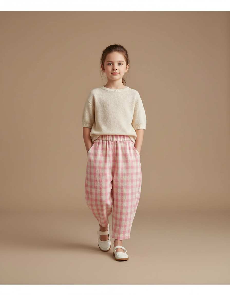 Pantalon Baggy Rose Écru Plaid Ample Coton